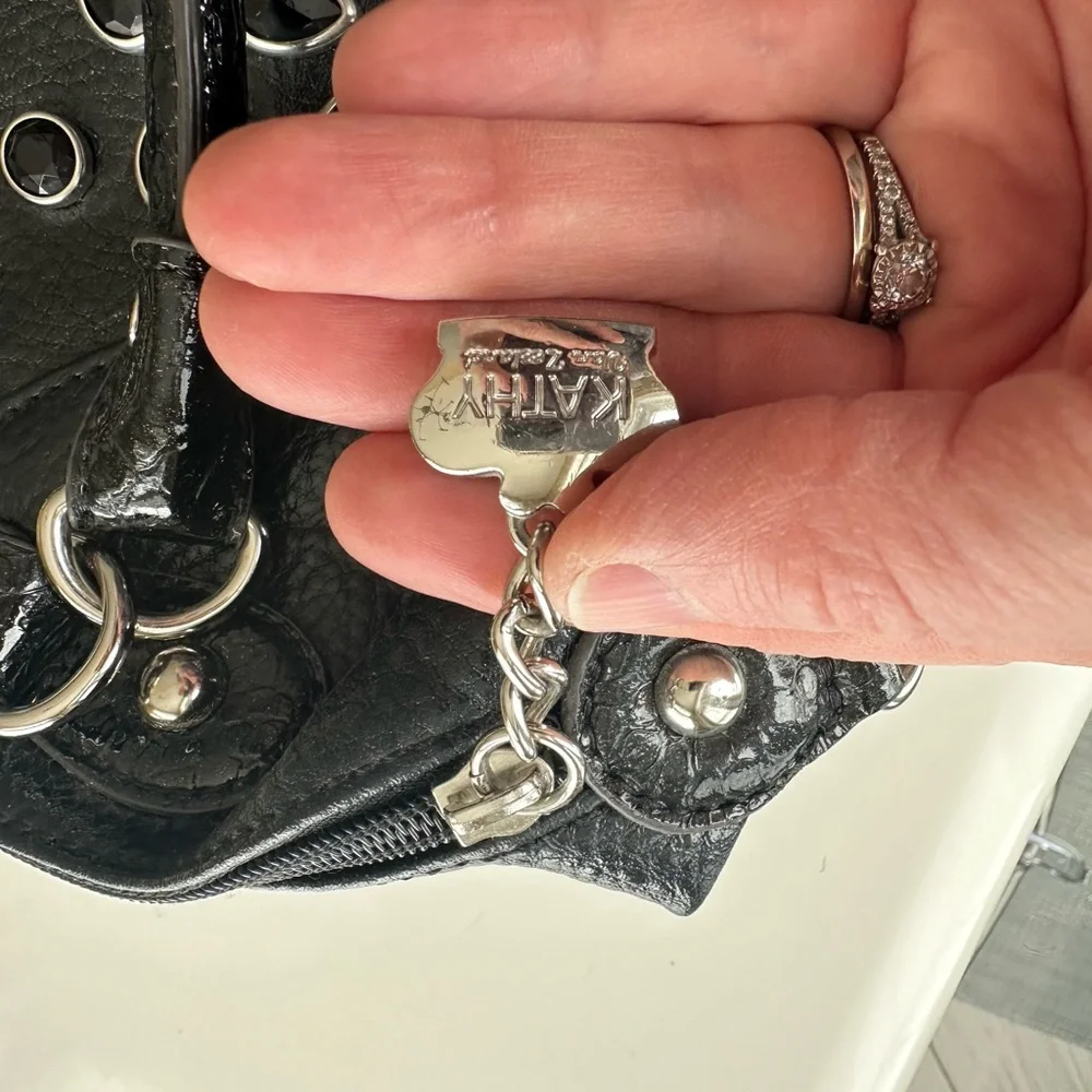 Kathy Van Zealand Y2K Black Studded Gem-Embellished vegan leather Satchel - Picture 10 of 15